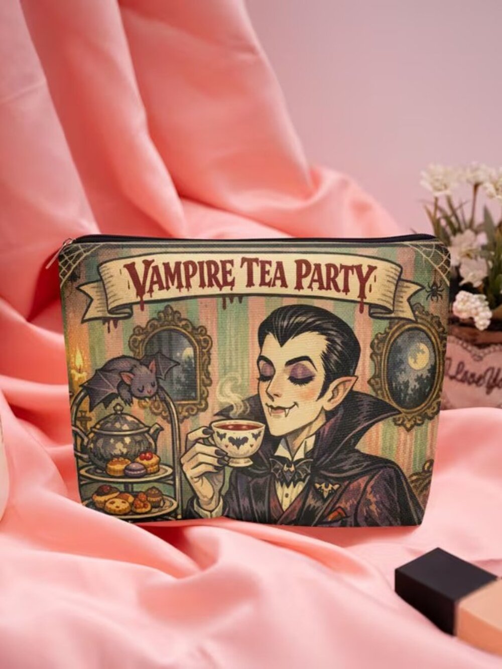 Halloween Gothic Scary Vampire Tea Party Makeup Bag Double-Sided 6.9"h x 9.3"w